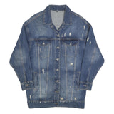 Womens Blue Denim Button Jacket L Cotton Blend Distressed Casual Outerwear