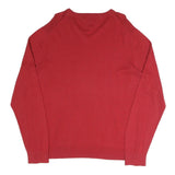 TOMMY HILFIGER Mens Red Plain V-Neck Basic Knit Jumper XL Cotton Blend Classic