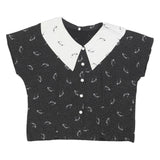 Womens Black & White Printed Top Short Sleeve Button Neck L Glasses Print