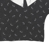 Womens Black & White Printed Top Short Sleeve Button Neck L Glasses Print