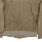 Womens Beige Coach Suede Button Jacket L Woven Plain Long Sleeve Band Collar