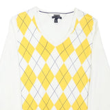 TOMMY HILFIGER Womens White & Yellow Patterned Jumper V-Neck Basic Knit M Cotton