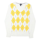 TOMMY HILFIGER Womens White & Yellow Patterned Jumper V-Neck Basic Knit M Cotton