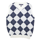 RUSSEL SIMONS Mens White & Navy Patterned Sleeveless V-Neck Basic Knit Jumper S