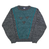 ATLANTIC TRADERS Mens Grey & Teal Patterned Acrylic Jumper Crew Neck Chunky Knit