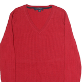 TOMMY HILFIGER Womens Red Patterned Cotton Jumper V-Neck Basic Knit L Classic