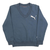 PUMA Womens Blue V-Neck Sweatshirt S Cotton Blend Pullover Sports Logo