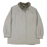 Womens Beige Jacket L Polyester Blend Plain Button Closure Faux Fur Collar Warm