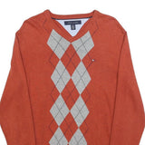 TOMMY HILFIGER Mens Orange & Grey Argyle V-Neck Patterned Cable Knit XS Cotton