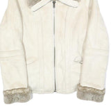 ESPRIT Womens White Suede Jacket S Faux Fur Collar Cuffs Zip Closure Casual