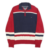 TOMMY HILFIGER Mens Red & Navy Colourblock Patterned V-Neck Cotton Jumper L