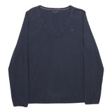 TOMMY HILFIGER Womens Navy Plain Cotton Blend Jumper V Neck Basic Knit L