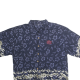 Mens Navy Blue Cotton Hawaiian Shirt L Floral Print Button Front Casual