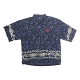 Mens Navy Blue Cotton Hawaiian Shirt L Floral Print Button Front Casual