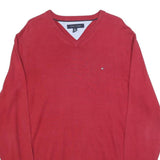 TOMMY HILFIGER Mens Red Plain V Neck Basic Knit XL Cotton Blend Jumper