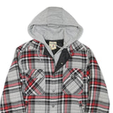 RED KAP Mens Grey & Red Hooded Check Jacket S Polyester Blend Zip Casual