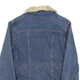 BUM EQUIPMENT Womens Blue Denim Jacket L Cotton Sherpa Trim Button Closure