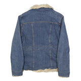 BUM EQUIPMENT Womens Blue Denim Jacket L Cotton Sherpa Trim Button Closure