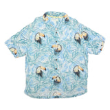 CARIBBEAN Mens Blue & White Toucan Print Silk Blend Shirt L Tropical Holiday