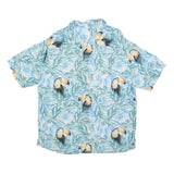CARIBBEAN Mens Blue & White Toucan Print Silk Blend Shirt L Tropical Holiday