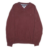 TOMMY HILFIGER Mens Maroon Plain Cotton V-Neck Basic Knit 2XL Jumper Casual