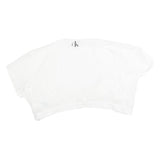 CALVIN KLEIN Womens White Tie Front Cropped Top Short Sleeve Crew Neck L