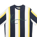KARL KANI Mens Navy White & Yellow Stripe Graphic T-Shirt S Short Sleeve Crew