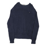 TOMMY HILFIGER Mens Blue Plain Cotton Blend Jumper Crew Neck Basic Knit L