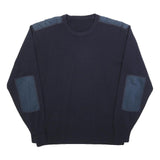 Mens Navy Blue Plain Crew Neck Jumper L Shoulder Elbow Patch Regular Fit