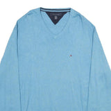 TOMMY HILFIGER Mens Blue Plain Cotton V-Neck Basic Knit 2XL Jumper
