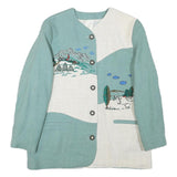 Womens Blue & White Embroidered Linen Blend Button Jacket M Plain Pastoral Scene