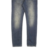 SMK Mens Slim Blue Denim Jeans W32 L32 Stylish Distressed with Leather Detail