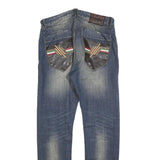 SMK Mens Slim Blue Denim Jeans W32 L32 Stylish Distressed with Leather Detail