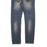SMK Mens Slim Blue Denim Jeans W32 L32 Stylish Distressed with Leather Detail