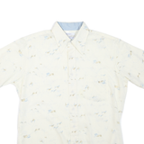 Mens White Patterned Cotton Blend Shirt L Short Sleeve Button Collar Casual