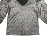MORGAN Y2K Womens Silver Metallic Top 3/4 Sleeve V-Neck Shiny M Evening Sparkle