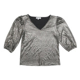 MORGAN Y2K Womens Silver Metallic Top 3/4 Sleeve V-Neck Shiny M Evening Sparkle