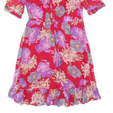 JIGSAW Womens Red Floral Day Viscose Dress UK 8 Ruffled Hem Half Sleeve