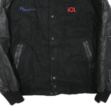 Mens Black Wool Blend Button Jacket L Leather Sleeve Plain Classic