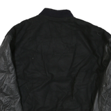 Mens Black Wool Blend Button Jacket L Leather Sleeve Plain Classic