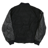 Mens Black Wool Blend Button Jacket L Leather Sleeve Plain Classic