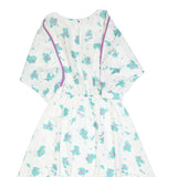 Womens White & Turquoise Floral Day Polyester Dress UK 10 Elastic Waist Midi