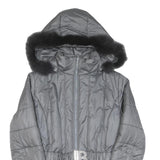 Womens Grey Quilted Jacket S Polyester Blend Hooded Zip Belted Fashion
