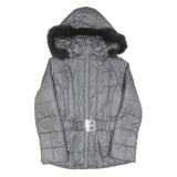 Womens Grey Quilted Jacket S Polyester Blend Hooded Zip Belted Fashion