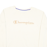 CHAMPION Womens White Cotton Blend Crew Neck Sweatshirt L Classic Logo Print