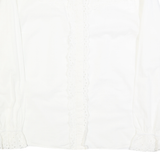 Womens White Cotton Blend Blouse Long Sleeve Round Neck Embroidered M Lace Trim