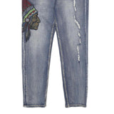 Mens Regular Fit Blue Denim Jeans W38 L32 Distressed Embroidered Design Zip