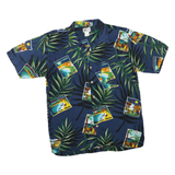 CHEROKEE Mens Blue Rayon Hawaiian Shirt M Tropical Postcard Print Summer