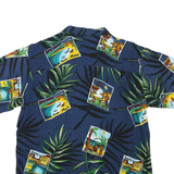CHEROKEE Mens Blue Rayon Hawaiian Shirt M Tropical Postcard Print Summer