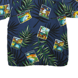 CHEROKEE Mens Blue Rayon Hawaiian Shirt M Tropical Postcard Print Summer